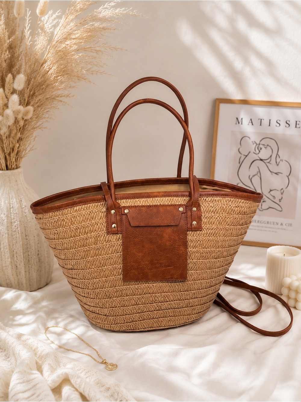 Woven Straw Tote Bag with Brown Leather Trim